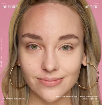 NYX Professional Makeup Make Em Wonder Soft Matte Foundation. Zdjęcie przed i po, twarz kobiety z podkładem.