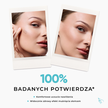 Dwa polaroidy: kobieta z brązującym tintem do twarzy AA Wings of Color Cloudless i efekt zdrowej, promiennej cery.