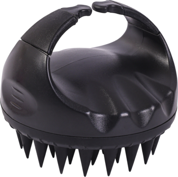 Czarna, hipoalergiczna szczotka do masażu głowy AURA z miękkimi silikonowymi wypustkami, widok z przodu.