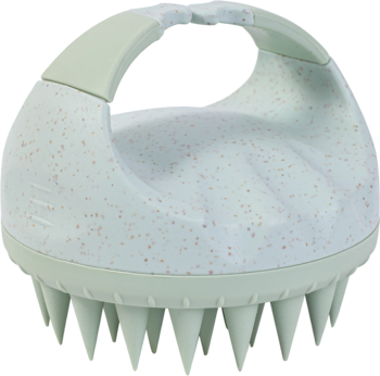 Hipoalergiczny masażer AURA do głowy, miętowy z drobinkami, z uchwytem i silikonowymi wypustkami, widok z góry.