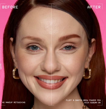 NYX Fluff & Snatch pudrowy pisak Rich Auburn: przed i po, kobieta z naturalnymi i pełniejszymi brwiami.