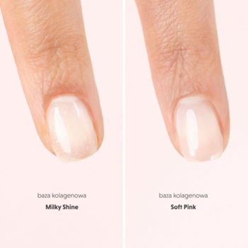 Semilac Collagen Base Milky Shine na paznokciu; mleczna, błyszcząca z brokatem. Obok Soft Pink.