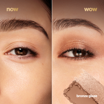 2000 Calorie Shadow Shaper: Efekt przed i po użyciu brązowego cienia do konturowania oczu, widoczny swatch.