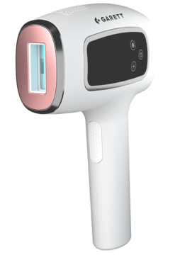 Garett Beauty Flash Sense, biały depilator IPL z chłodzeniem Ice Care, różowym akcentem, widok z boku.