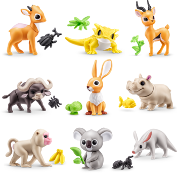 Gumi Yum Surprise Zwierzątka: zestaw 9 mini zabawek Wildlife z akcesoriami, widok z góry na tle gradientu.