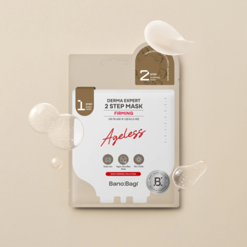 Maska ujędrniająca Banobagi Derma Expert 2 Step Ageless, beżowa saszetka z płynnymi kroplami serum.