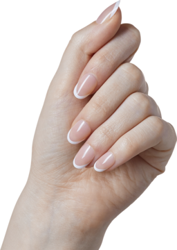 KISS Classy Exclusive Only: zbliżenie na kobiecą dłoń z krótkimi owalnymi paznokciami French Tip, żelowy połysk.