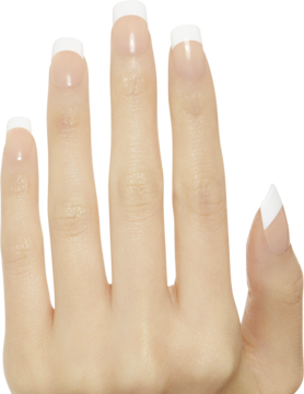 KISS Salon Acrylic French Rumour Mill. Dłoń z eleganckimi, squovalowymi paznokciami press-on, klasyczny biały french.