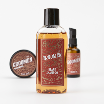 Zestaw The Groomen fire: szampon do brody 150ml w przejrzystej butelce z czerwoną etykietą, balsam i olejek w tle.