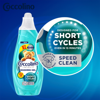 Niebieski żel do prania Coccolino Wonder Wash Speed Clean, z logo misia, na krótkie cykle 15 min.