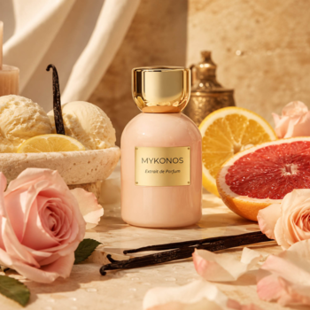 Różowe perfumy Mykonos Vanilla Clouds ze złotą nakrętką, w otoczeniu wanilii, lodów, róż i grejpfruta.