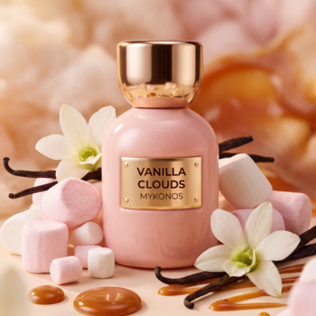 Perfumy Mykonos Vanilla Clouds w różowej butelce, otoczone piankami, wanilią, karmelem i kwiatami, widok z przodu.