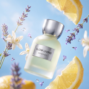 Mykonos Slow Living, butelka perfum, cytrusowo-kwiatowy, wśród cytryn i lawendy na błękitnym tle.