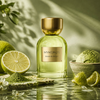 Zielony flakon perfum Mykonos Matcha Latte ze złotą etykietą, otoczony świeżymi limonkami i proszkiem matcha.