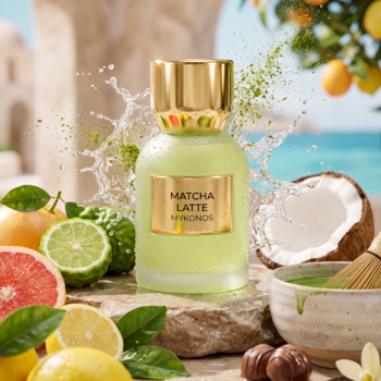 Ekstrakt perfum Mykonos Matcha Latte, zielona butelka, złota zakrętka, otoczona cytrusami, kokosem i matchą.
