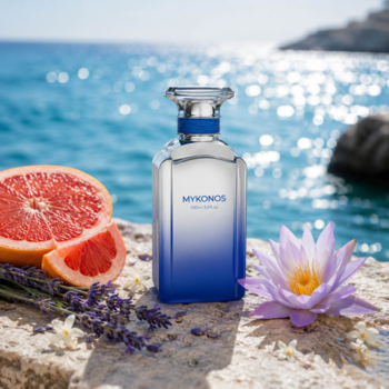 Perfumy Mykonos California Blue, butelka z niebieskim gradientem, grejpfrut, lawenda i lilia na tle morza.