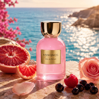 Różowa butelka Mykonos Pink Beach Eau de Parfum, świeży zapach, w otoczeniu cytrusów i kwiatów nad błękitnym morzem.