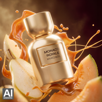 Ekstrakt perfum Mykonos Monaco Royale, złoty flakon z melonem, gruszką i karmelową falą na ciemnym tle.