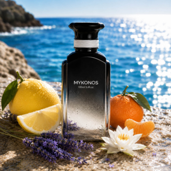 Elegancki flakon perfum Mykonos na skale przy morzu, z cytryną, mandarynką i lawendą. Świeży zapach.