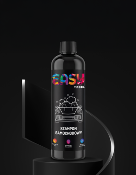 Front czarnego szamponu samochodowego EASY by NOBL, z kolorowym logo i grafiką auta z pianą, na ciemnym tle.