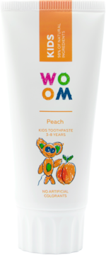 WOOM Kids Peach Toothpaste 3-8 lat, biała tubka z brzoskwinią i rysunkiem postaci, widok z przodu.