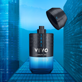 Cerruti 1881 VIVO ELIXIR, męskie perfumy. Otwarty gradientowy flakon z błękitnym dnem, antracytową nakrętką i kodem 1881.