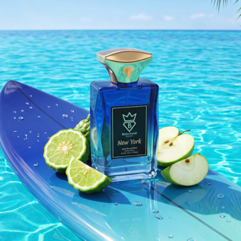 Bujairami New York woda perfumowana unisex, niebieska butelka na desce surfingowej, z cytrusami i jabłkami, w morzu.