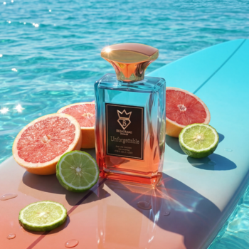 Bujairami Unforgettable, damska woda perfumowana, gradientowa butelka na desce z cytrusami w wodzie.