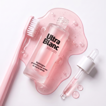 UltraBlanc Serum do zębów, różowy płyn w matowej butelce, rozlany, obok różowa szczoteczka na białym tle. Widok z góry.