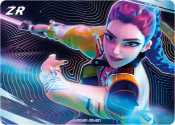 Holograficzna karta kolekcjonerska K-POP Demon Hunter, postać anime w dynamicznej pozie, neonowe kolory, napis ZR.
