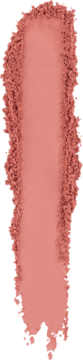 Pionowy swatch intensywnego, brzoskwiniowo-różowego różu w pudrze, wzbogaconego witaminą E, na czarnym tle.
