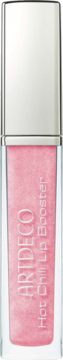 Różowy, brokatowy błyszczyk ARTDECO Hot Chili Lip Booster w prostokątnej tubce z srebrną nakrętką, widok z przodu.