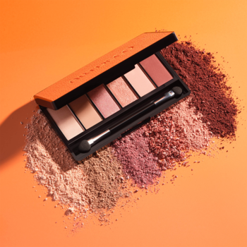 Paleta cieni Iconic Eyeshadow Palette 1, otwarta, z sześcioma matowymi i perłowymi odcieniami, na pomarańczowym tle z pudrem.