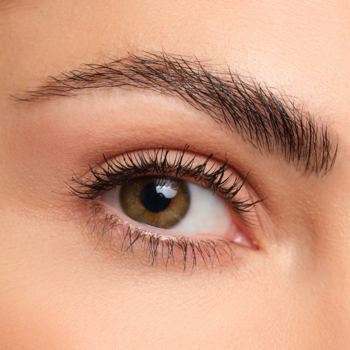 Kredka do brwi Ultra Fine Brow Liner: Zbliżenie na oko z gęstą, naturalnie wymodelowaną brwią. Efekt pełniejszych brwi.