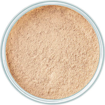 Jasnobeżowy, sypki podkład mineralny Artdeco Light Beige w okrągłym opakowaniu, widok z góry, matowy puder.