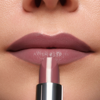 Kobieta aplikująca nawilżającą pomadkę Hydra Care Lipstick w odcieniu mauve, z błyszczącym wykończeniem.