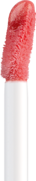 Zbliżenie na puszysty aplikator Plumping Lip Fluid, pokryty różowo-czerwonym błyszczykiem o mokrym połysku.