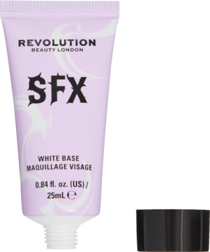 Revolution SFX White Base w lawendowej tubce, z czarną odkręconą zakrętką obok. Widok z przodu.