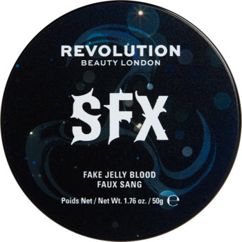 Circular Revolution Beauty London SFX Fake Jelly Blood, 50g. Dark container with white text and abstract blue patterns, top view.
