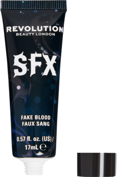 Tubka Revolution SFX Fake Blood 17ml, ciemna z metalicznym połyskiem i gotyckim napisem, na czarnym tle z odkręconą nakrętką.