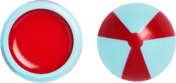 Tint Revolution Inflata Ball Cherry Cola Punch: błyszczący czerwony żel w błękitnej oprawie i kula w czerwono-błękitne pasy.