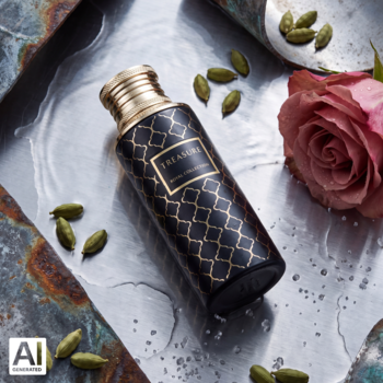 Maison Asrar Treasure woda perfumowana unisex, czarna butelka ze złotym wzorem na mokrej, srebrnej powierzchni z różą i kardamonem.