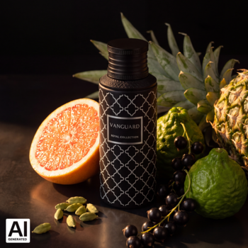 Maison Asrar Vanguard perfumy w czarnej butelce, obok grejpfrut, ananas, porzeczki i kardamon.