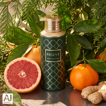 Maison Asrar Regent unisex woda perfumowana w zielonej butelce ze złotym wzorem, z cytrusami i imbirem.