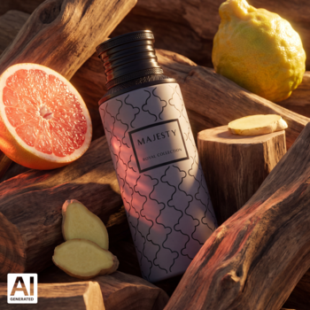 Maison Asrar Majesty, perfumy unisex, czarna butelka na drewnie, otoczona imbirem, grejpfrutem, bergamotką.