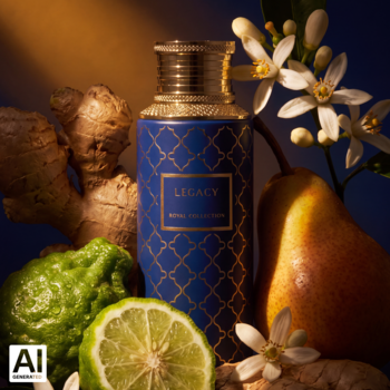 Woda perfumowana Maison Asrar Legacy, butelka w niebieskim wzorze, obok gruszka, imbir, bergamotka, kwiaty.