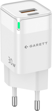 Biała ładowarka sieciowa Garett Fast Charge 30W z wtyczką EU, zieloną diodą LED, logo i portem USB-A.