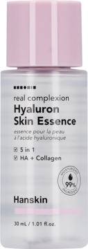 Hanskin Hyaluron Skin Essence, nawilżająca esencja z kwasem hialuronowym, biała butelka z różową nakrętką, 30 ml.