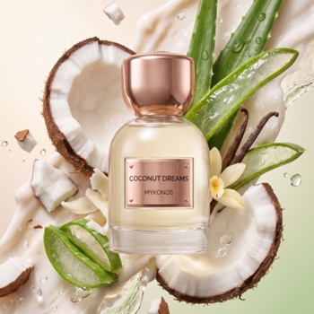 Mykonos Coconut Dreams, perfumy damskie, szklana butelka wśród kawałków kokosa, aloesu i wanilii.