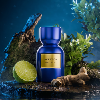 Niebieskie perfumy męskie Inception Hypnos, butelka z limonką, imbirem i drewnem, symbolizujące świeżość i korzenne nuty.